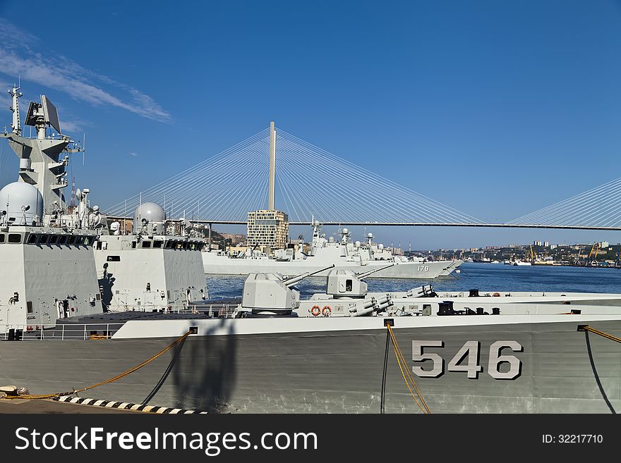 The military ships lie alongside after a long campaign. The military ships lie alongside after a long campaign