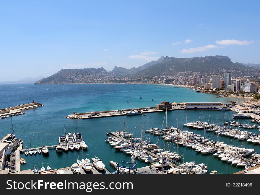 Panoramic view over Calp (Spain). Town bay beach. Panoramic view over Calp (Spain). Town bay beach