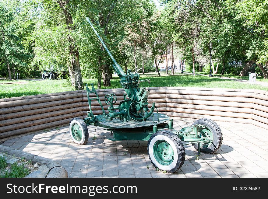 Automatic anti-aircraft gun model 1939 year.Under the open sky museum exhibit