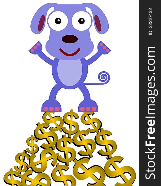 A funny illustration of a dog on top of a mountain of dollar signs. A funny illustration of a dog on top of a mountain of dollar signs