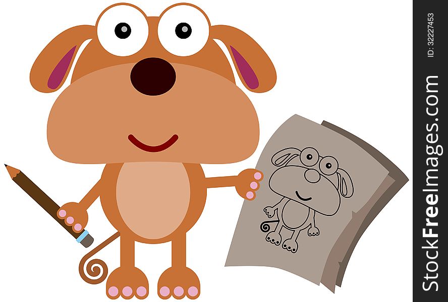 Illustration of a cute dog doing a drawing of himself. Illustration of a cute dog doing a drawing of himself