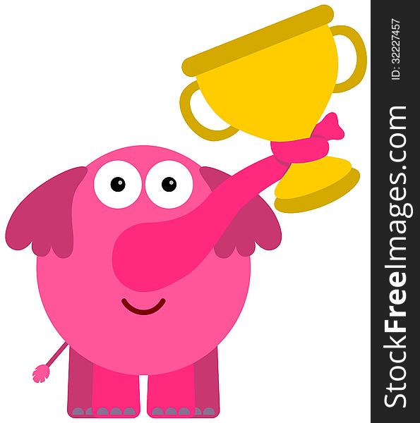 A humorous illustration of an elephant carrying a trophy up high. A humorous illustration of an elephant carrying a trophy up high