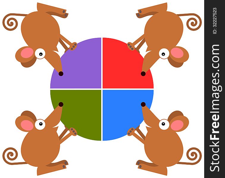 A conceptual pie graph with four rats each holding a piece from it. A conceptual pie graph with four rats each holding a piece from it