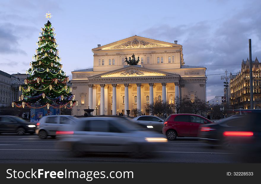 Every year, New year, around the Bolshoi theatre in Moscow is a big fir-tree decorated with colorful lights, which shimmer then red, then blue, then green. Every year, New year, around the Bolshoi theatre in Moscow is a big fir-tree decorated with colorful lights, which shimmer then red, then blue, then green.