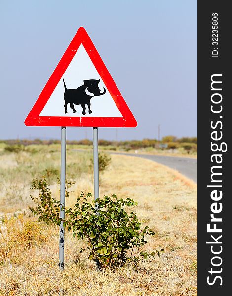 Road sign warning of warthogs in namibia