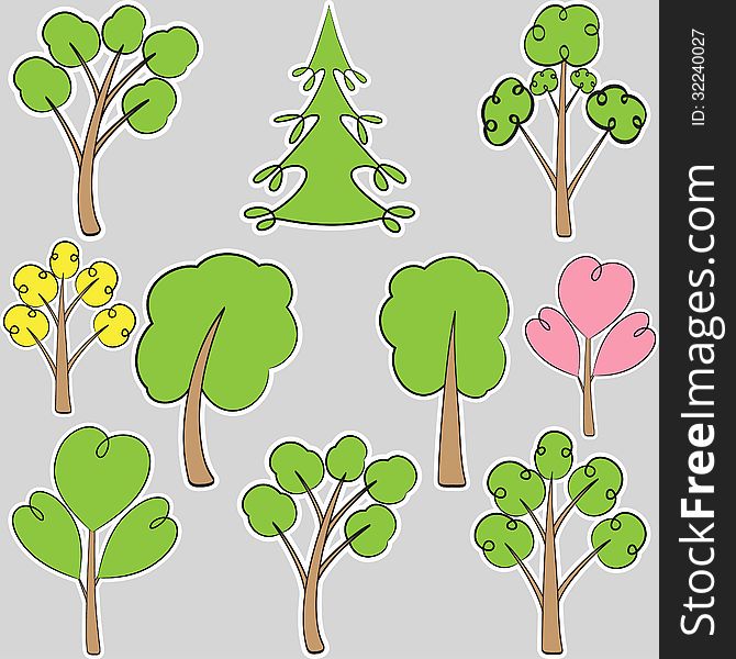 Set of stylized trees, scribble, stickers