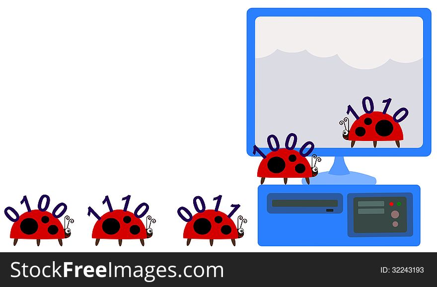 A funny illustration of ladybugs with 1s and 0s going inside a computer monitor. A funny illustration of ladybugs with 1s and 0s going inside a computer monitor