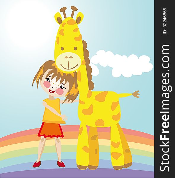 Vector graphic image with funny little girl and her fiend giraffe. Vector graphic image with funny little girl and her fiend giraffe