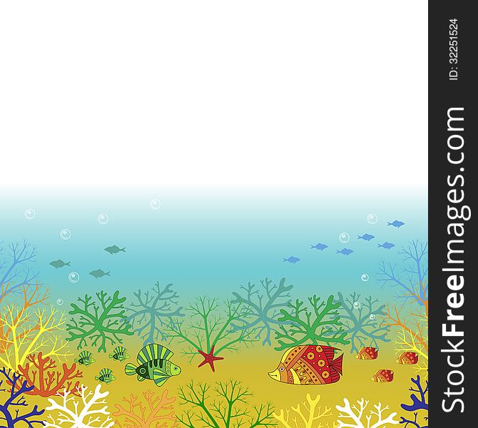 Underwater world with corals and floating colored fishes. Background with place for text. Vector illustration