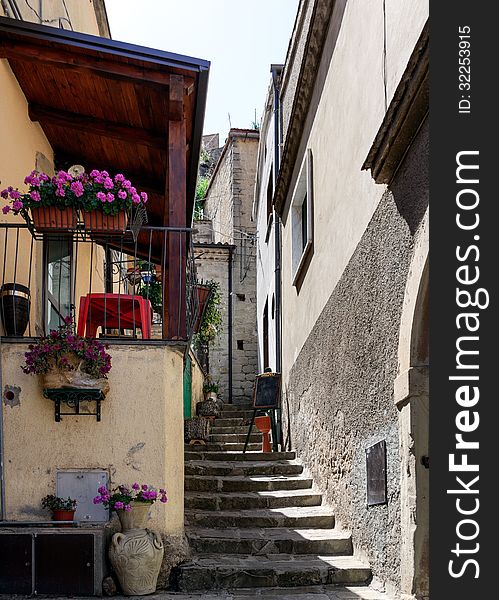 A quiet street in the mountain town of Castelmezzano located near Potenza Italy. A quiet street in the mountain town of Castelmezzano located near Potenza Italy