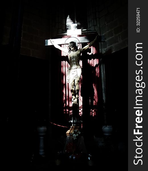 High contrast image of the crucifixion of Jesus at a church.