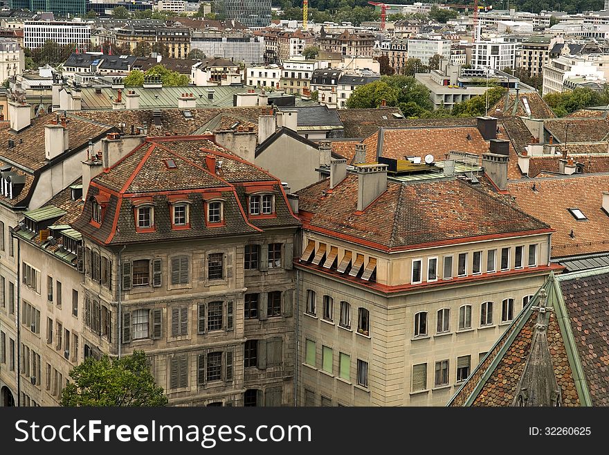 View of the old Geneva with the height of the Cathedral of Saint-Pierre, Switzerland. View of the old Geneva with the height of the Cathedral of Saint-Pierre, Switzerland