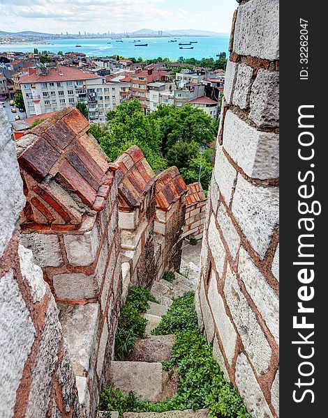 Stone staircase leading to the top of the tower of the Yedikule Fortress in Istanbul, Turkey. Yedikule fortress, or Castle of Seven Towers, is the famous fortress built by Sultan Mehmed II in 1458.