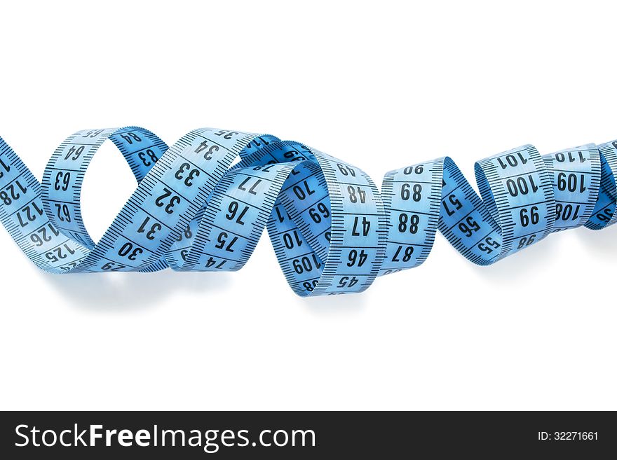 Blue measuring tape isolated over white. Blue measuring tape isolated over white