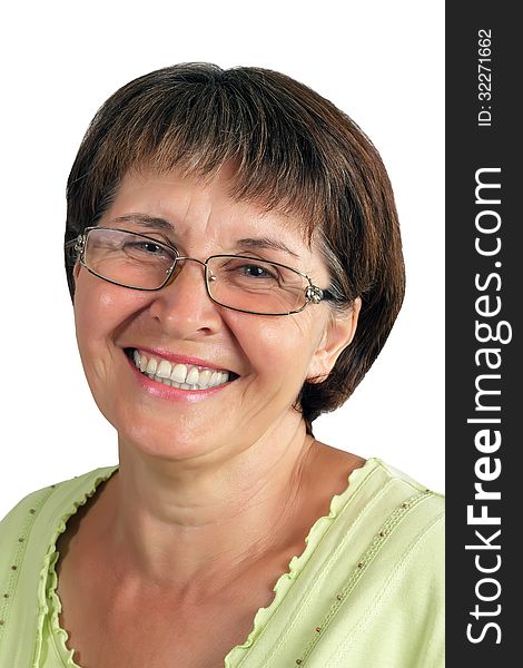 A smiling woman at the age of a white background