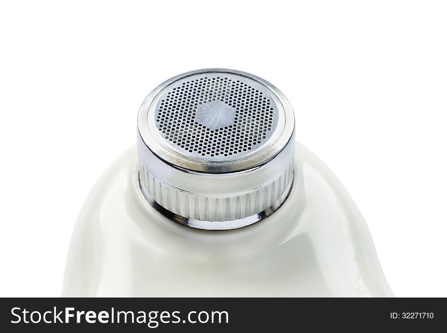 Part of vintage electrical shaver on white background closeup