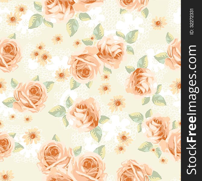 Vintage roses over lace - seamless background. Vintage roses over lace - seamless background