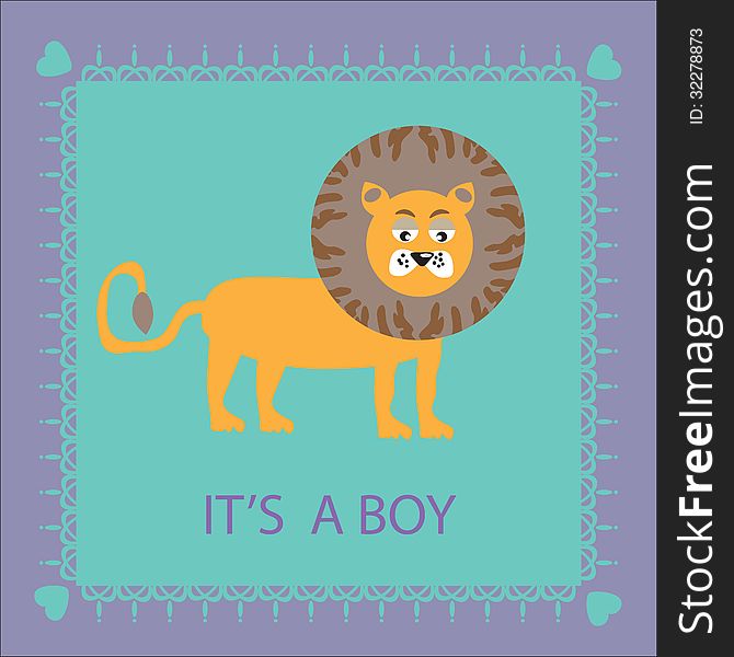 Beautiful birthday card with a cute cartoon lion on a blue background, vector illustration.