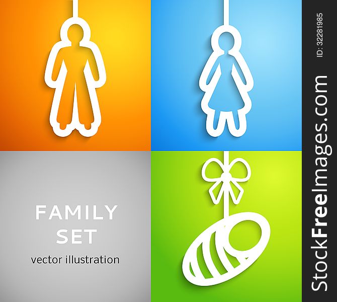 Set of applique family icons. Vector illustration for your human home design. Man, woman and baby sign cutouts from white paper. on colorful background. Bright, happy social poster.