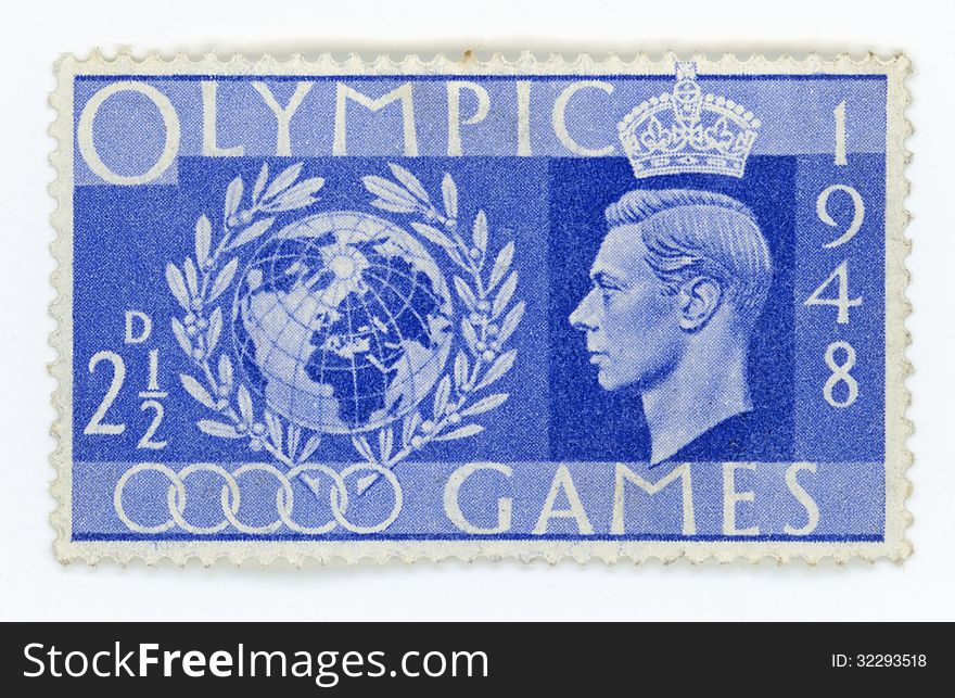 Historic vintage postage stamp celebrating the 1948 Olymnpic games that took place in London after the war. Historic vintage postage stamp celebrating the 1948 Olymnpic games that took place in London after the war.