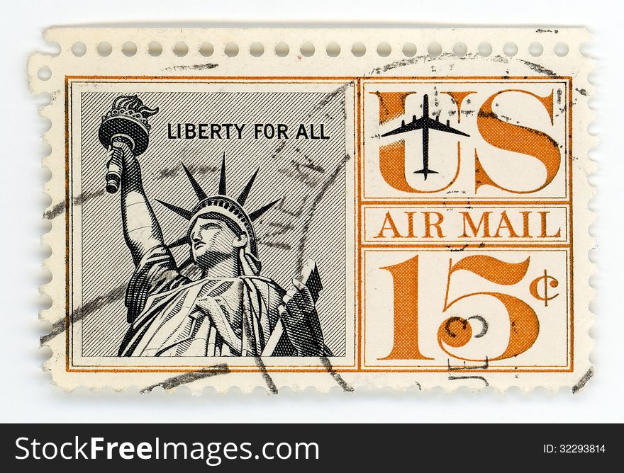 Statue of Liberty on this vintage example of stamp with postmark. Statue of Liberty on this vintage example of stamp with postmark