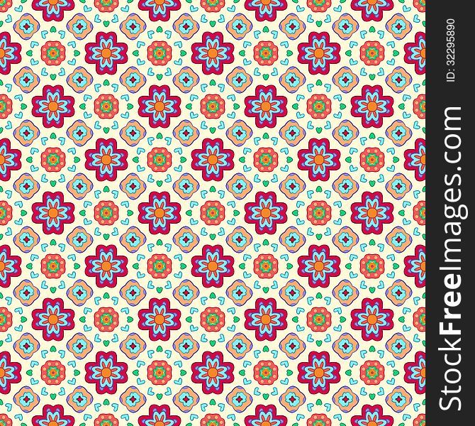 Geometric flower abstract colorful pattern on light background. Vector illustration for your fashion design. Easy to use. Seamless endless funny spring pattern. With pink, blue, green color.