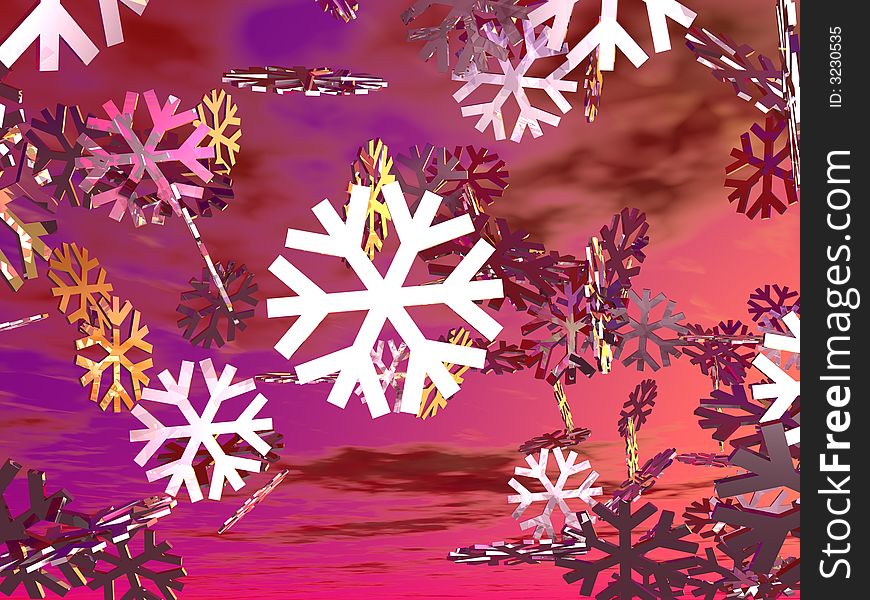 An illustration of crystal snowflakes falling on a rose colored sky with clouds. An illustration of crystal snowflakes falling on a rose colored sky with clouds.