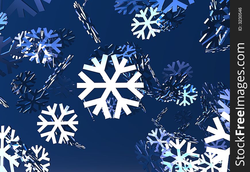 An illustration of crystal snowflakes falling on a blue abckground. An illustration of crystal snowflakes falling on a blue abckground.