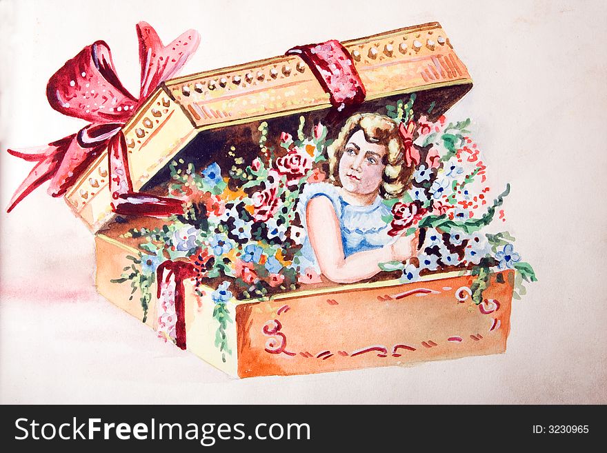 Vintage picture woman 60-s in box with bowand ribbon and flower painting in water-colours