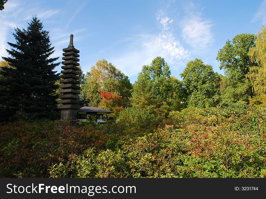 View japanese garden and blue sky