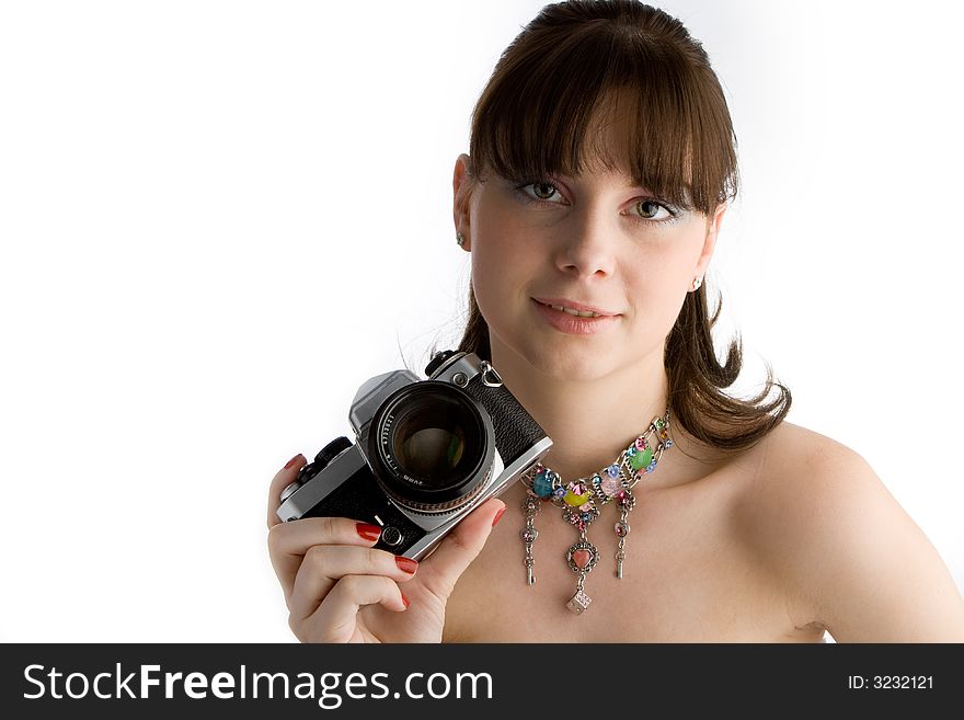 Woman with neckless holding a classic camera. Woman with neckless holding a classic camera