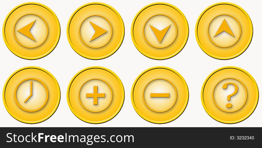 Eight different icons on golden plastic buttons