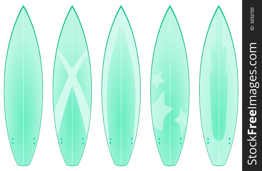 A set of 5 surfboard designs in green tones. A set of 5 surfboard designs in green tones.
