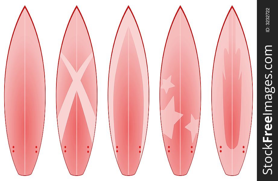 A set of 5 surfboard designs in red tones. A set of 5 surfboard designs in red tones.