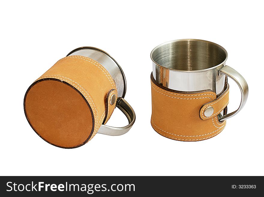 Two metal mugs in leather covers
