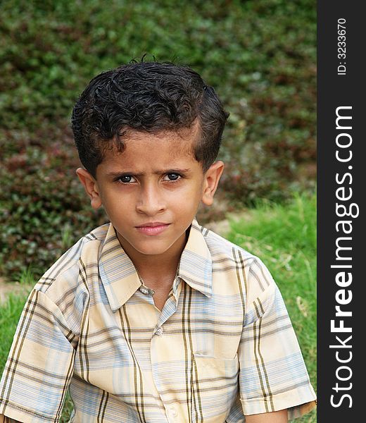 A handsome little Asian boy portrait with friendly facial expression in nature outdoors