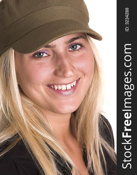 Pretty blond woman with green corduroy hat.