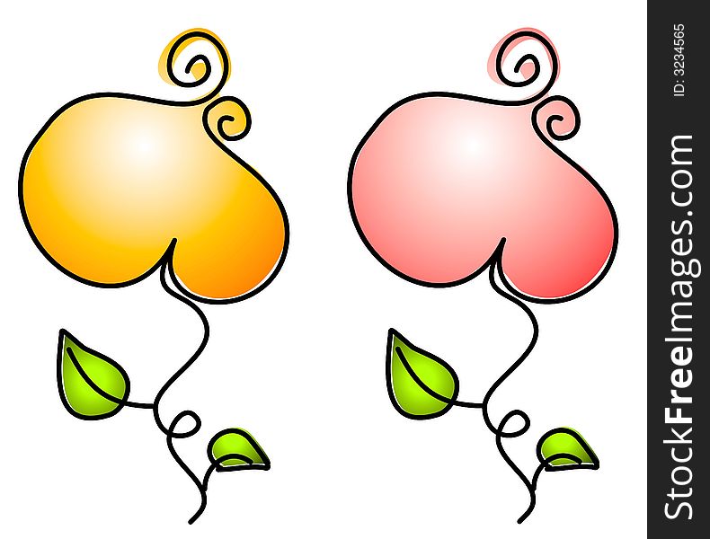 A clip art illustration of 2 colorful isolated flowers in pink and yellow. A clip art illustration of 2 colorful isolated flowers in pink and yellow