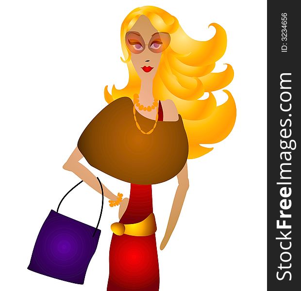 A clip art illustration of a caucasian woman wearing stylish fall fashions in fall colors with a shopping bag. A clip art illustration of a caucasian woman wearing stylish fall fashions in fall colors with a shopping bag
