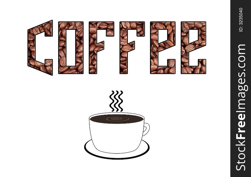 The word coffee with an inset image of whole coffee beans and an illustration of hot coffee underneath. White background. The word coffee with an inset image of whole coffee beans and an illustration of hot coffee underneath. White background.