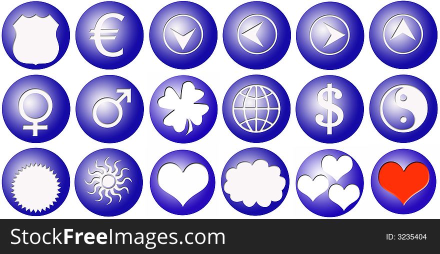 18 blue plastic buttons with useful icons. 18 blue plastic buttons with useful icons