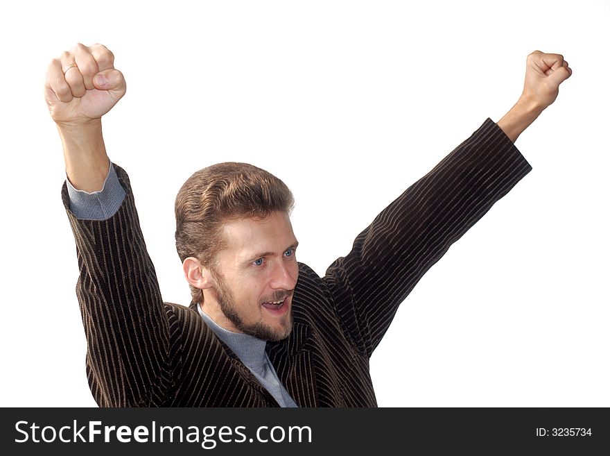 A businessman celebrating a victory