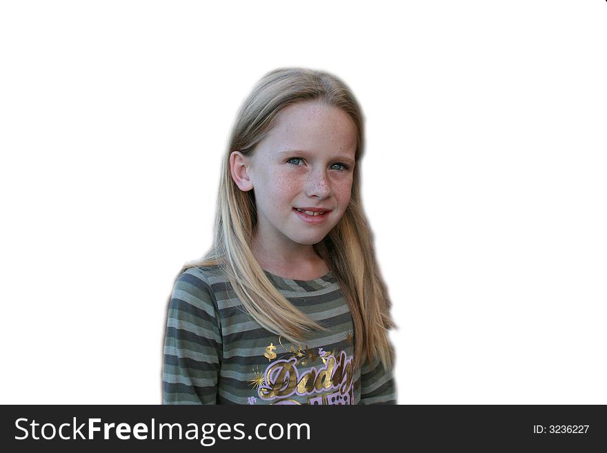 a white caucasian girl child with a nervous expression on her face isolated on a white background . a white caucasian girl child with a nervous expression on her face isolated on a white background