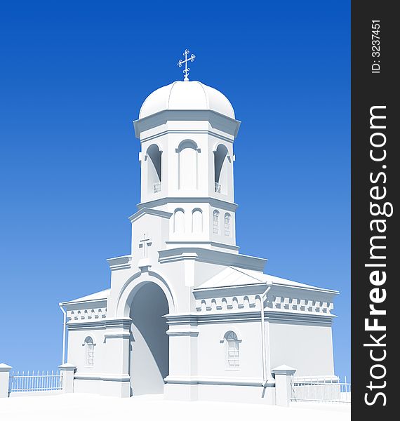 White church tower on blue sky background
