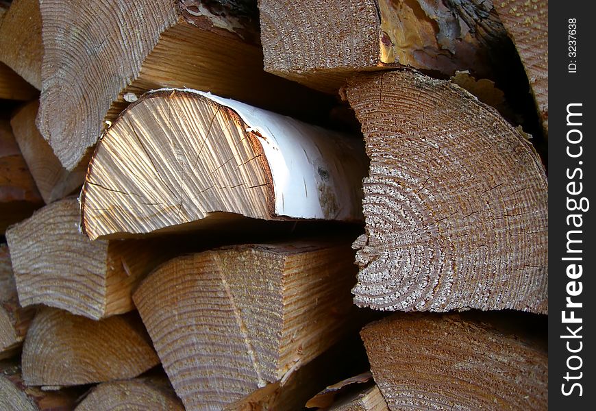 Stack of firewood, pine and birch.
