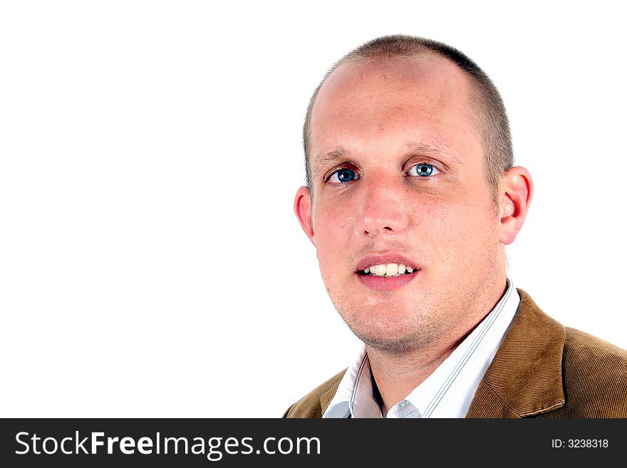 A studio portrait of a young businessman with his jacket! Isolated over white!. A studio portrait of a young businessman with his jacket! Isolated over white!