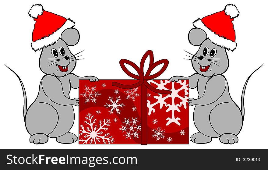 Two mice holding a Christmas gift. Two mice holding a Christmas gift