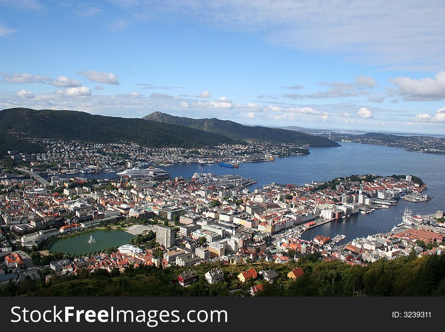 View of Bergen in Norway from the top of Mount Floyen.