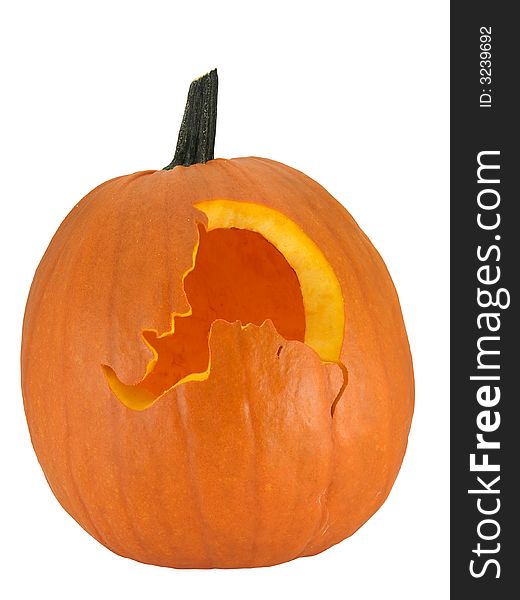 Halloween pumpkin with a vampire about to bite a womans neck carved out of it