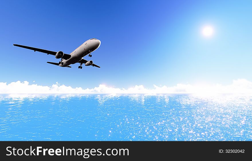 White passenger plane flying over the sea on a sunny day. White passenger plane flying over the sea on a sunny day